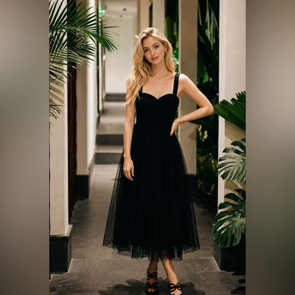 Zimmermann Black Tulle Midi Dress with Polka Dot Overlay - NWOT